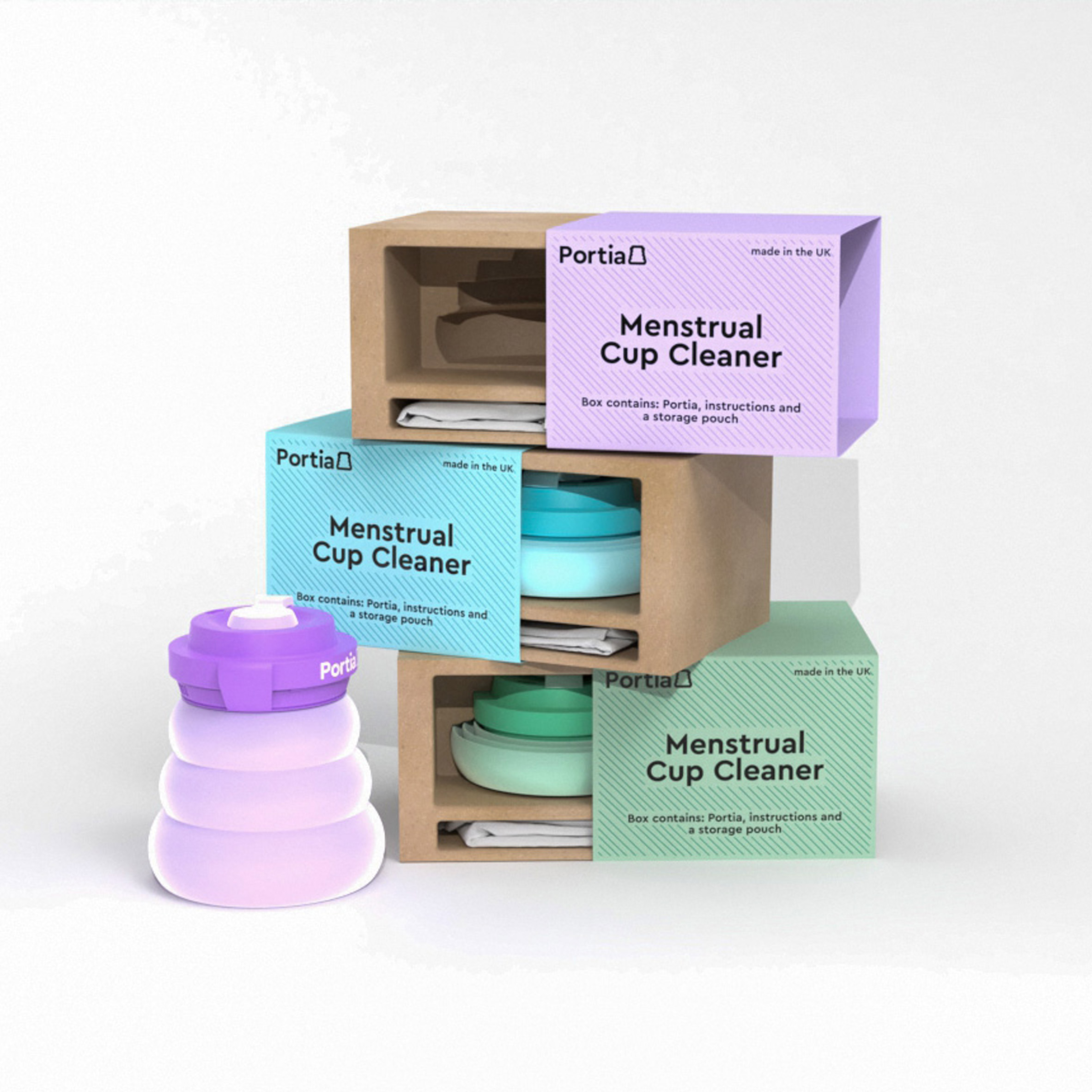 Pastel coloured products in wooden boxes