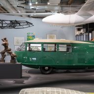 Automobiles and sculptures on display at the Norman Foster exhibition at the Centre Pompidou