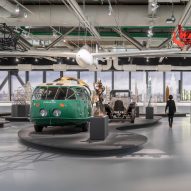 Automobiles and sculptures on display at the Norman Foster exhibition at the Centre Pompidou