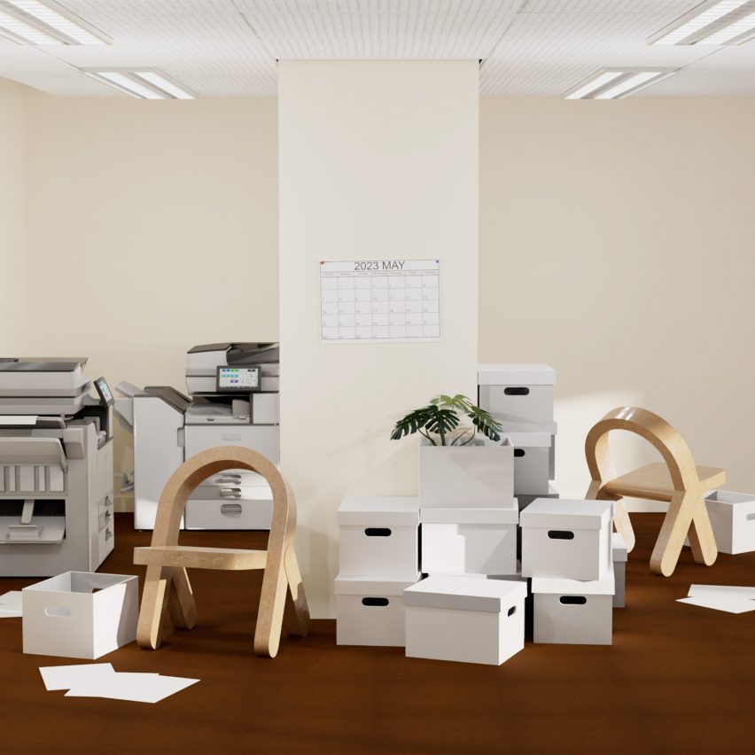 Sight Unseen office scene with wooden chairs