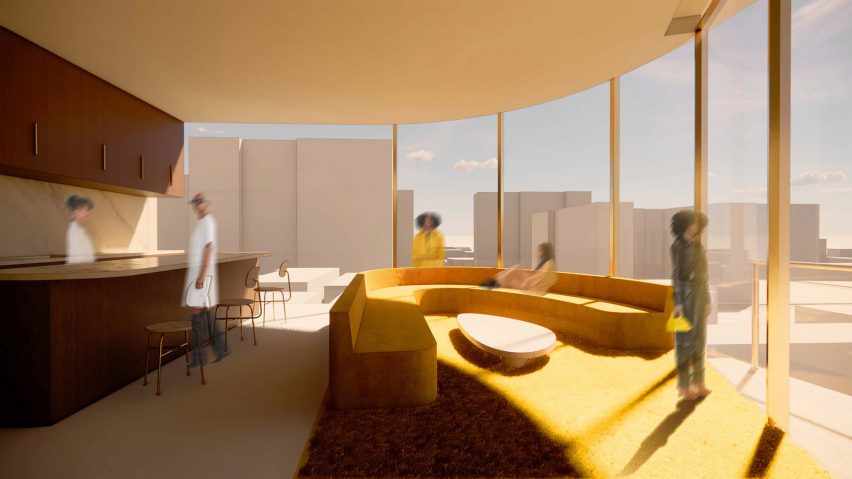 Visualisation showing living room in apartment with city view