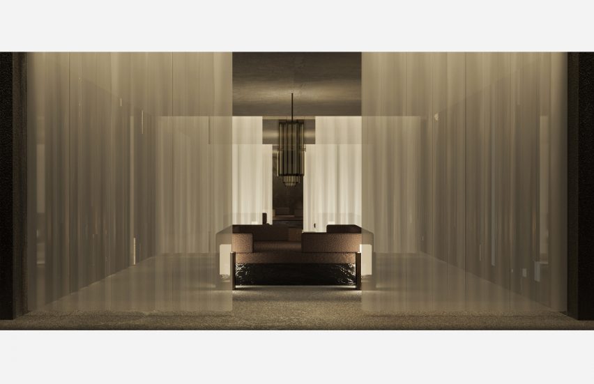 Rendering showing living space surrounded by sheer curtains