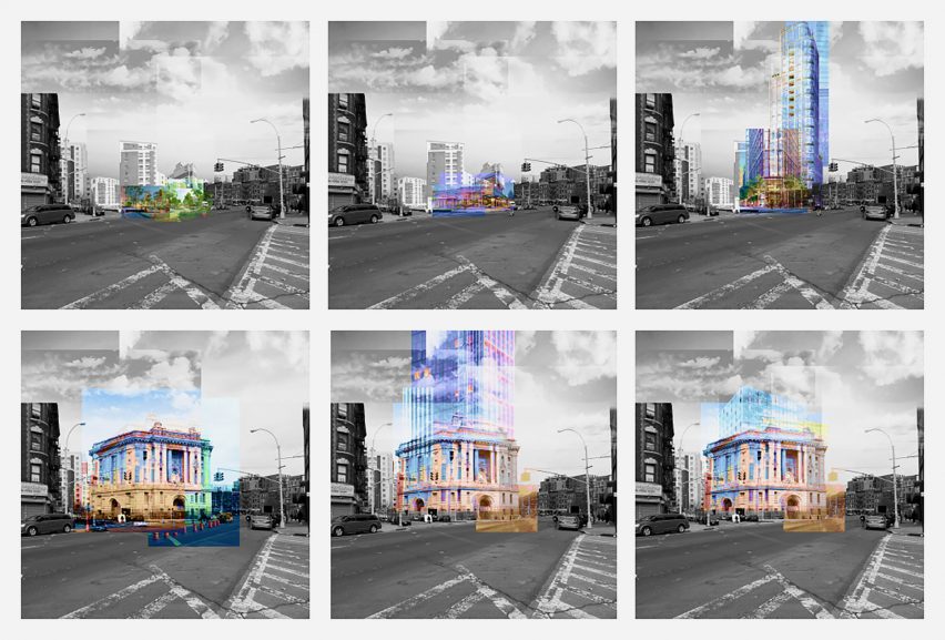 Six visualisations showing exterior of old building with colourful overlays