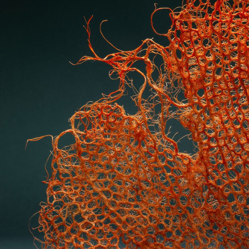 Close up of red textile made from biomaterials