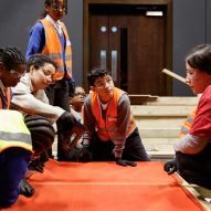 Children assembling timber stages for the Let's Build Brixton House theatre project