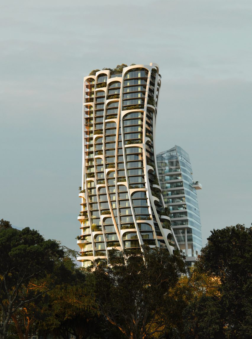 A skyscraper with a twisting facade