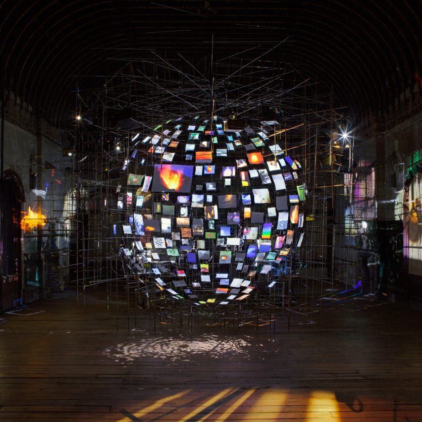 Illuminated globe shaped piece at Sarah Sze exhibition Peckham Rye