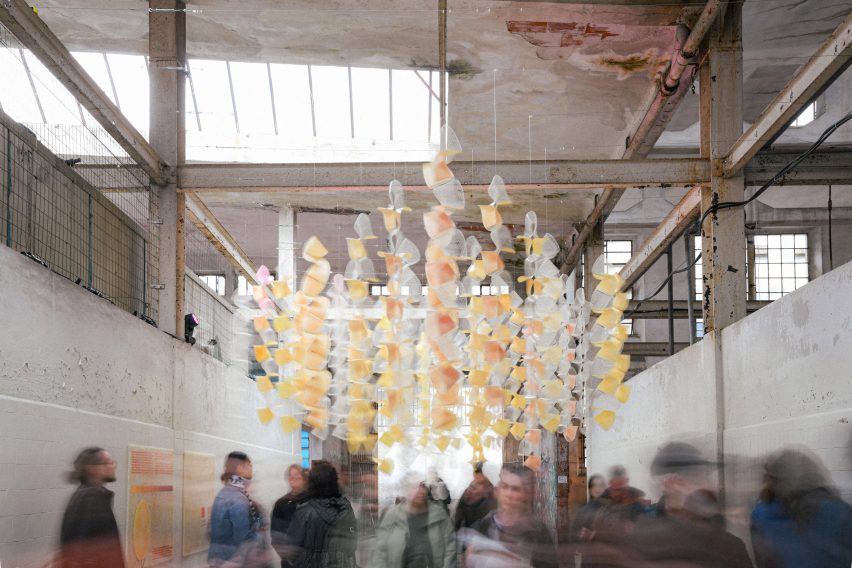 Photo of visitors moving around the Sensbiom 2 installation at Milan design week