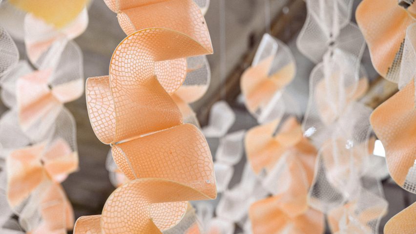 Close-up photo of Crafting Plastics' Sensbiom 2 installation showing a pinky-orange