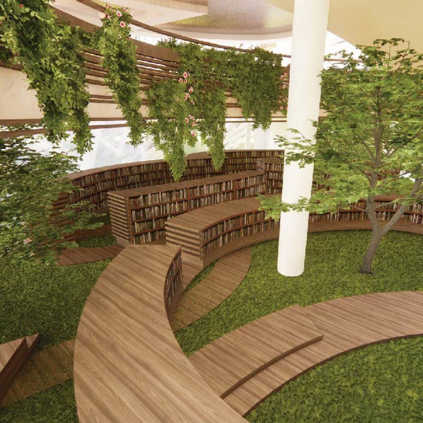 Render of an outdoor green area with wood booksehlves