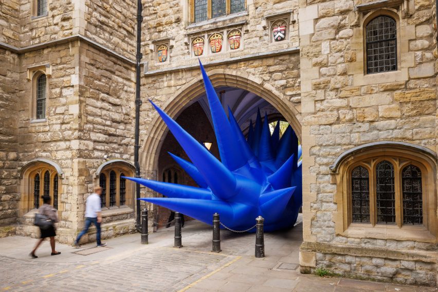 Inflatable sculpture inserted into archway of medieval gatehouse in Clerkenwell