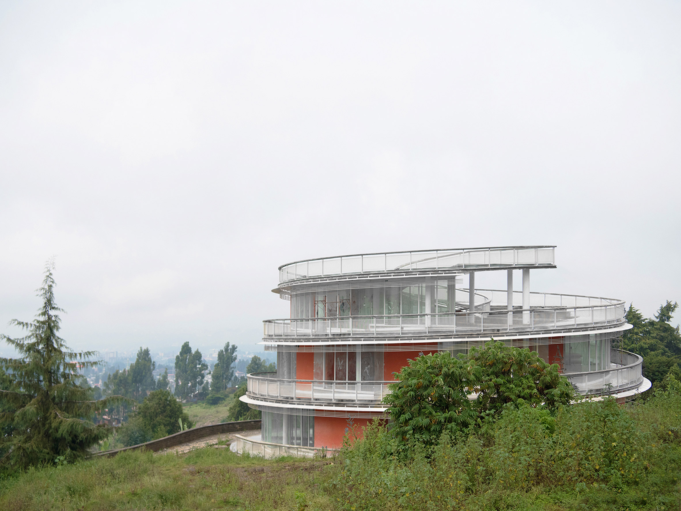 Spiral office building on a grass hill at the Meles Zenawi Memorial Park
