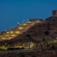 Exterior of the Smritivan Earthquake Memorial and Museum hillside lit up at night