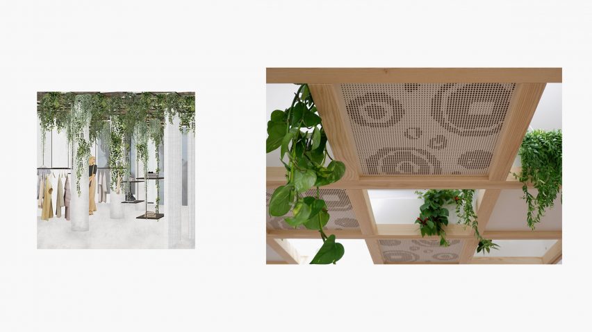 Duo of images showing ceiling installation for retail space that features plants