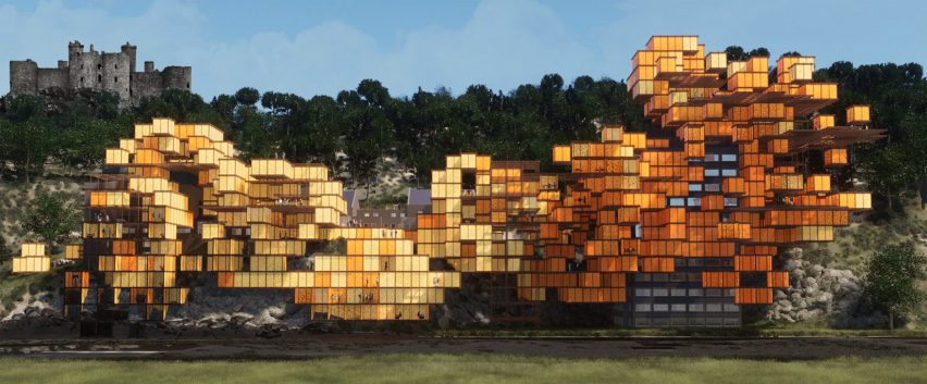 Render of the building composed of modular cubes