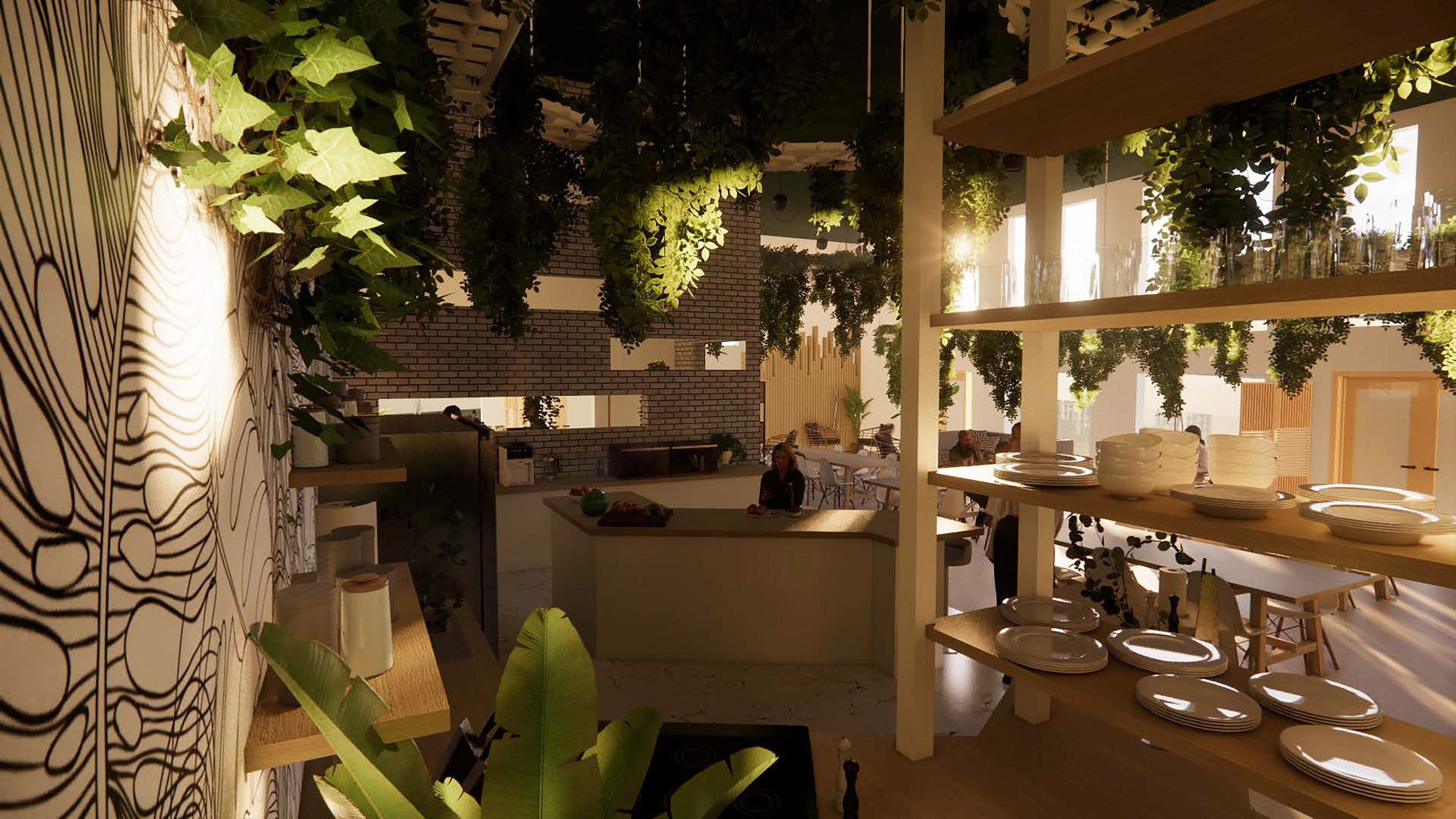 A render of a co-working space with plants and wooden interiors