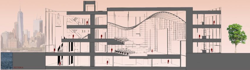 Diagrama arquitectónico de un espacio escénico inmersivo en Nueva York