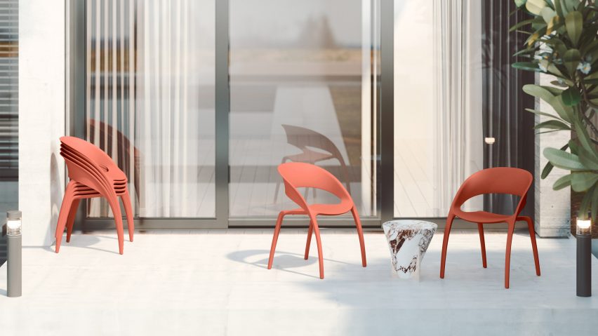 Peach Bee chairs by Actiu on an outdoor patio
