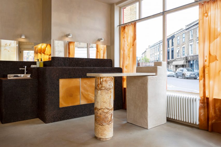 shop display with expanded cork storage, mycelium panels and furniture