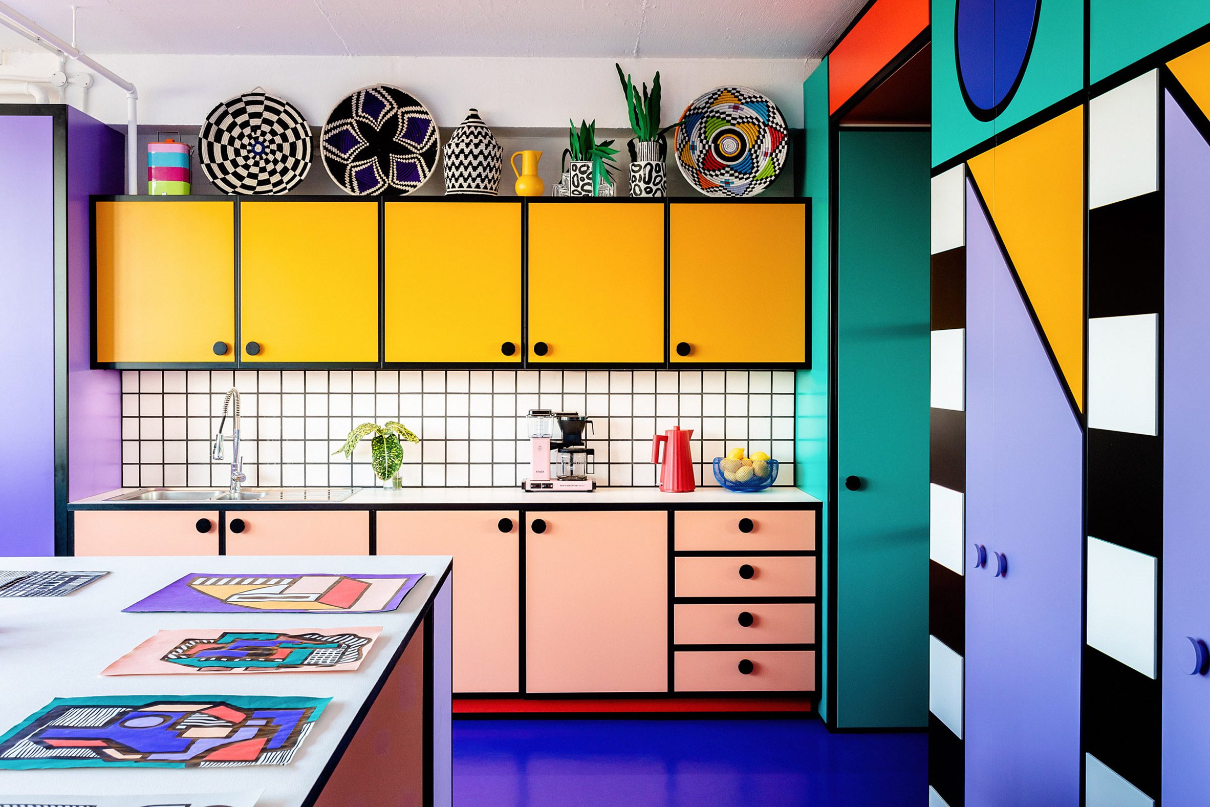 Photo of a brightly coloured kitchenette in Camille Walala's London studio