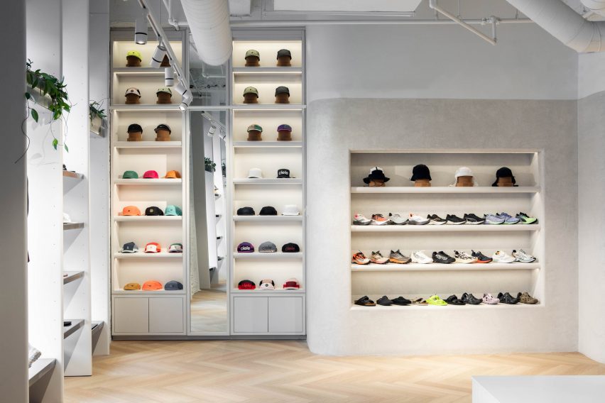 Hats displayed on floor-to-ceiling shelves