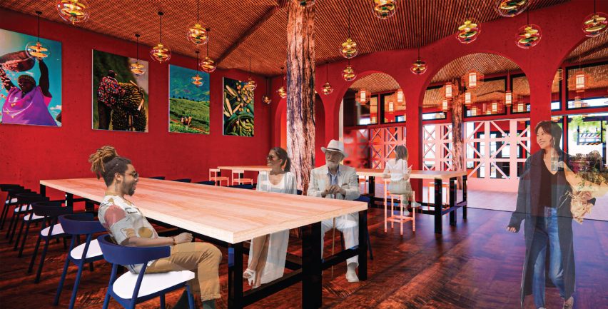 Rendering showing interior of restaurant with bright red walls