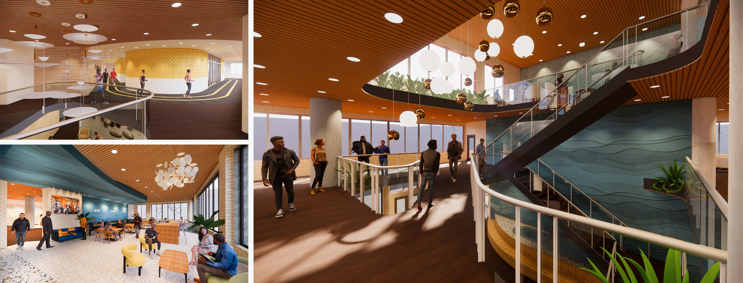 Collage of renders showing interior of community centre