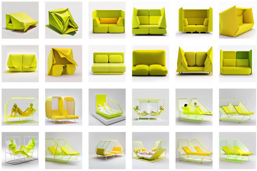Visualizaciones generadas por IA de un sofá verde que no sigue las convenciones de un sofá