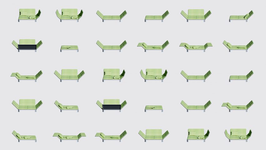 Renderings showing many different possible configurations for the Couch in an Envelope