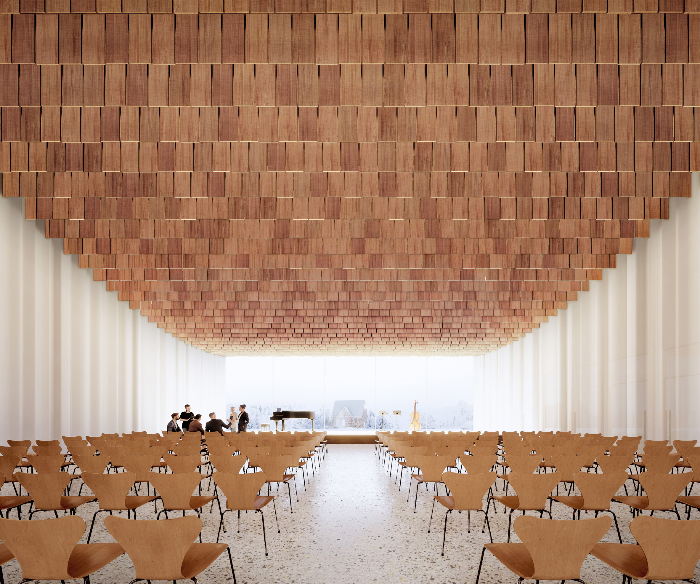 Wood-lined hall inside Espoo House