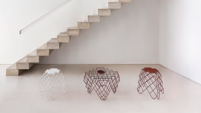Wire mesh R24 stools and coffee tables in a concrete room