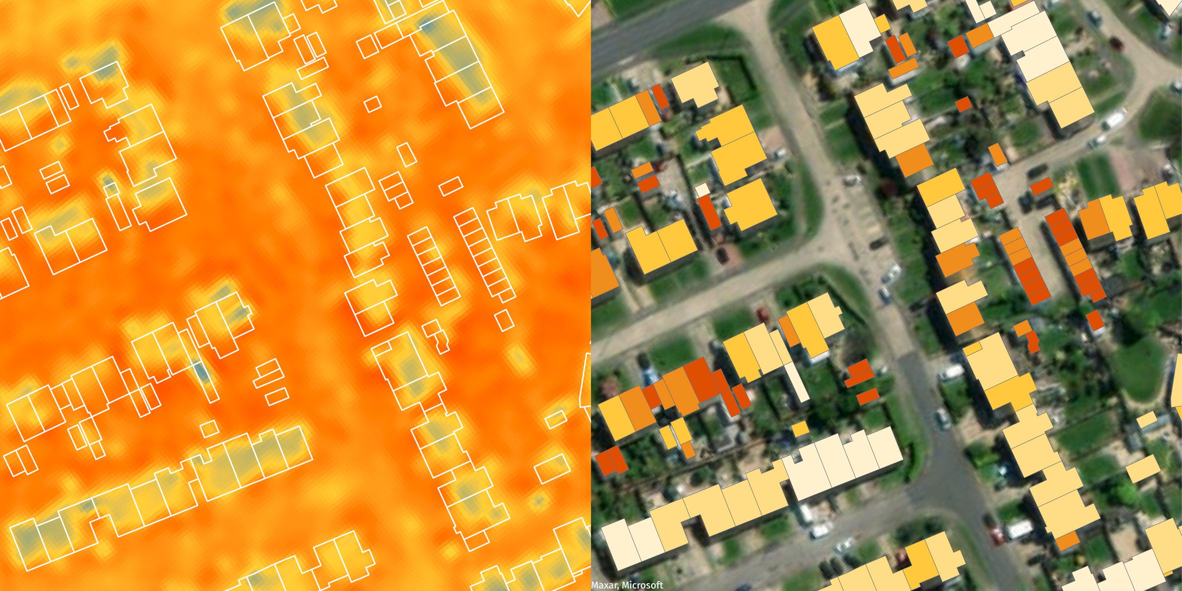 Thermal image showing heat loss from buildings from an aerial position