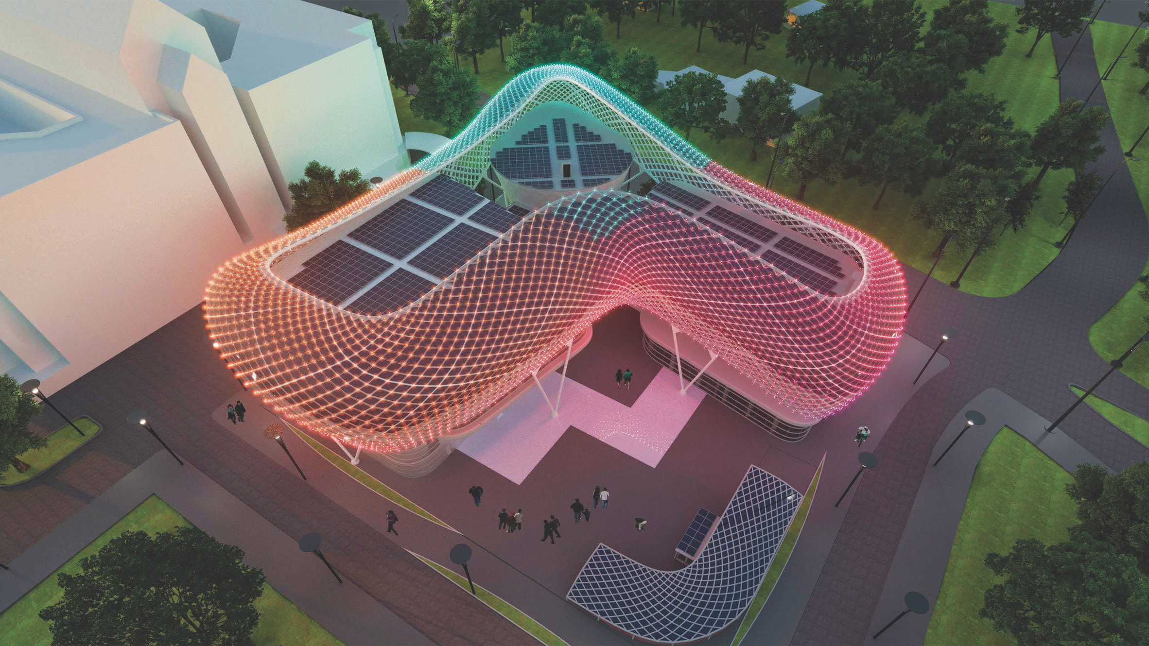 Render of a sinuous multi-coloured building in a parking lot