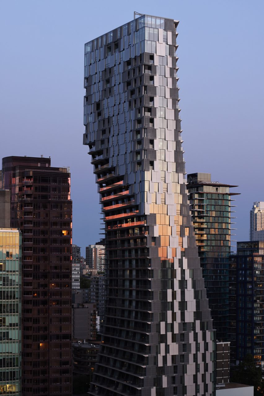 Kengo Kuma Vancouver skyscraper from distance with reflection of sunset