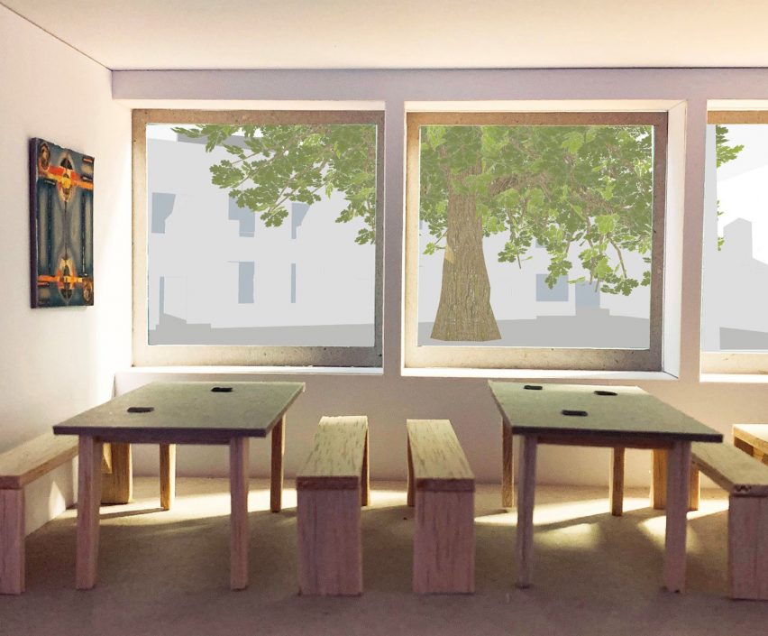 Visualisation showing dining area with square windows and benches