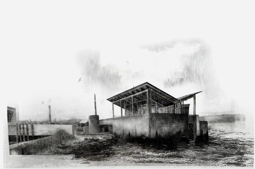 Greyscale visualisation showing a stone building in marshland area