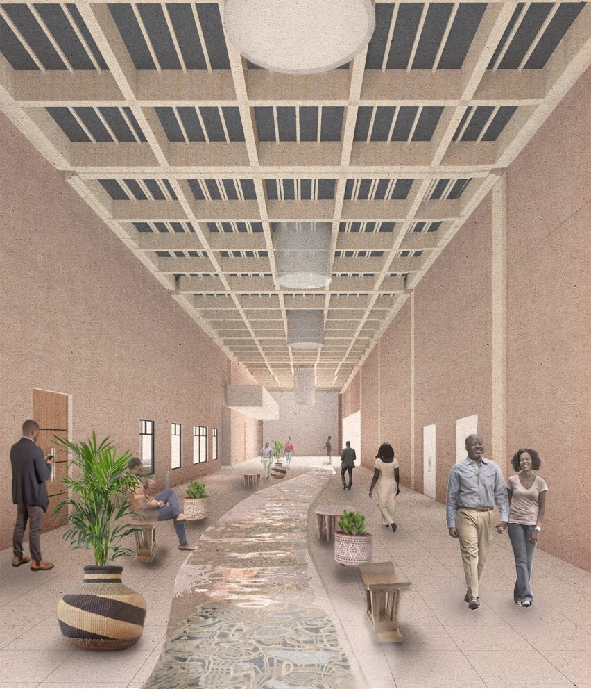 Visualisation showing artificial waterway weaving through the interior of a cultural hub
