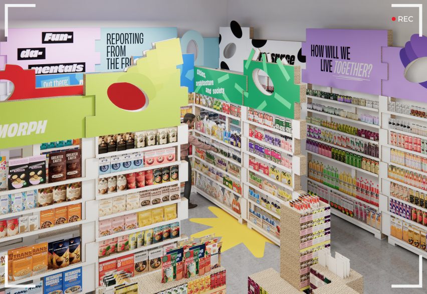 Aisles inside fake supermarket at Venice Architecture Biennale
