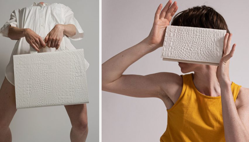 Photo of people modelling white, textured bags