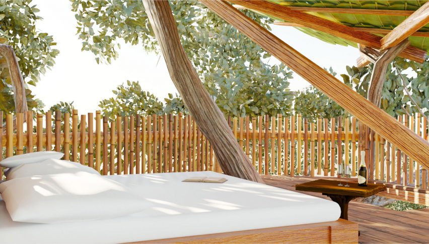 Visualisation showing a bed in a wooden treehouse-style structure