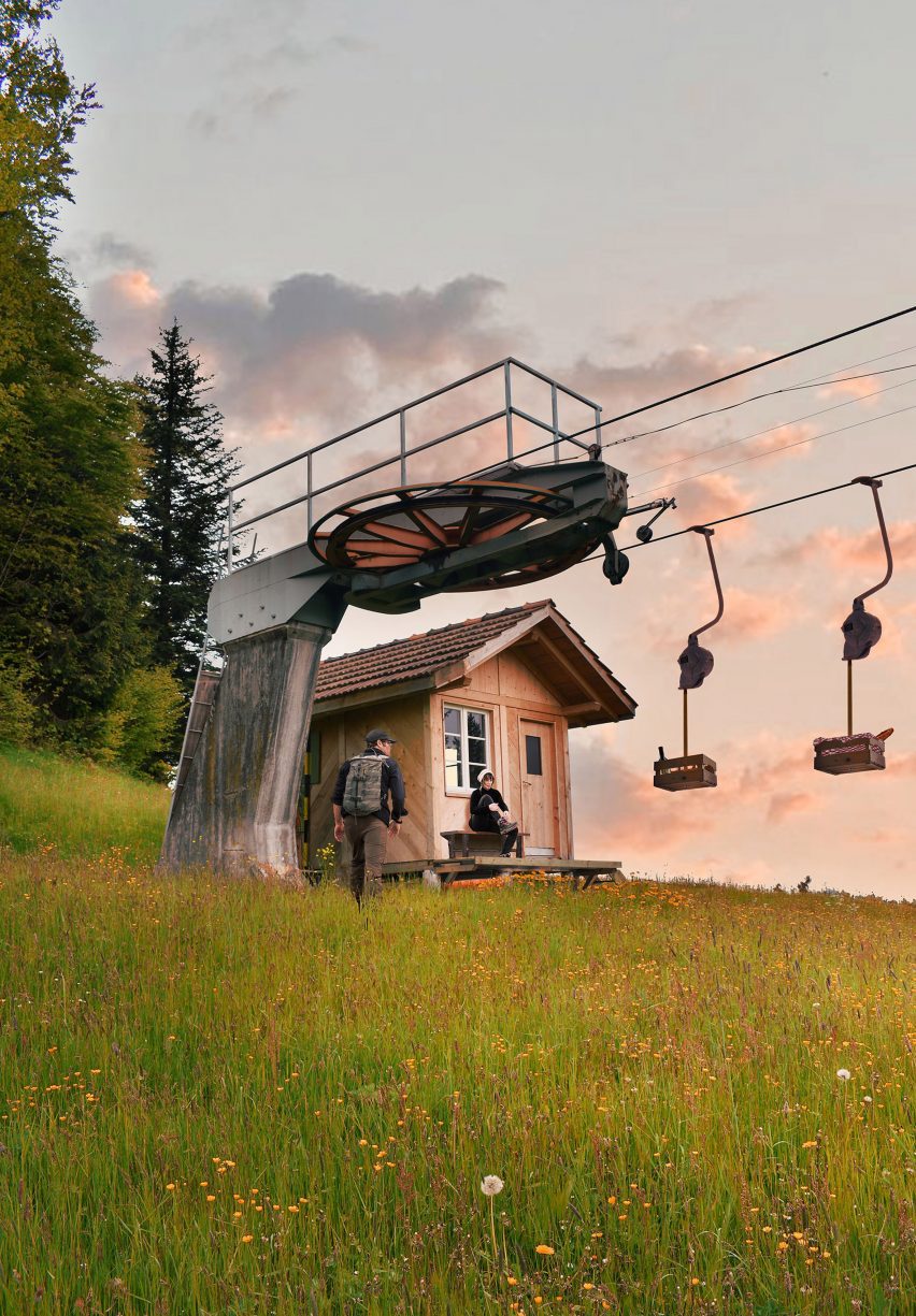 Visualisation showing chair lift station on grassy hill