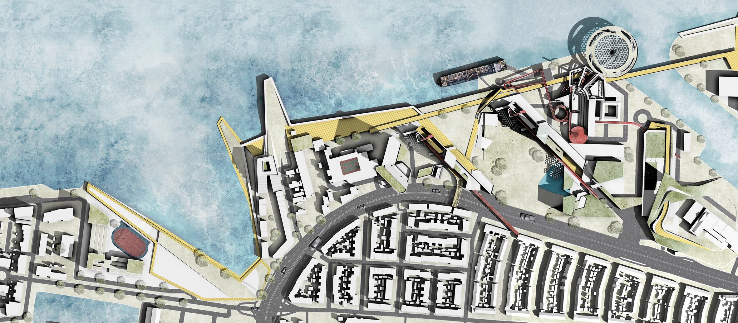 A colourful site plan design on a waterfront by a Manchester School of Architecture student