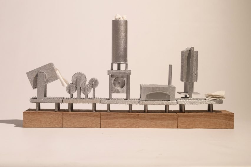 Photograph of a model made up of a wooden base with indsustrial steel parts atop by a Manchester School of Architecture student