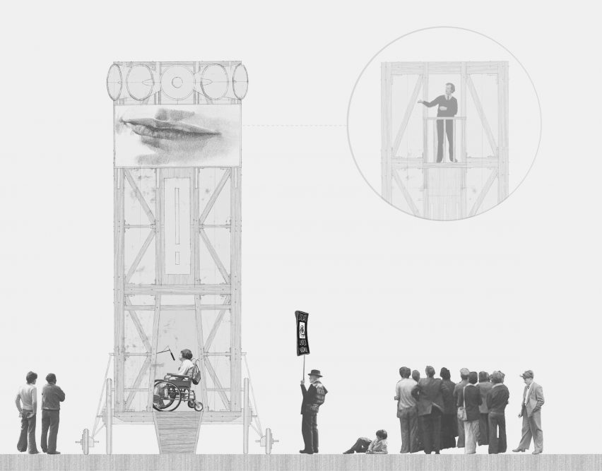 Black and white sketch and photo collage of people stood outside a wooden tower