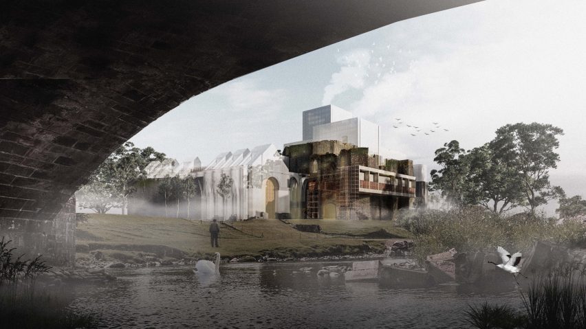 Render of a student architecture design on a riverbank by a Manchester School of Architecture student