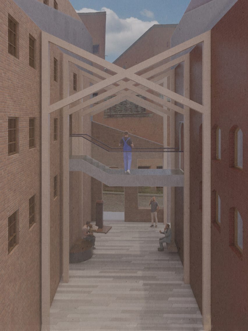 Visualisation of a courtyard between two industrial buildings