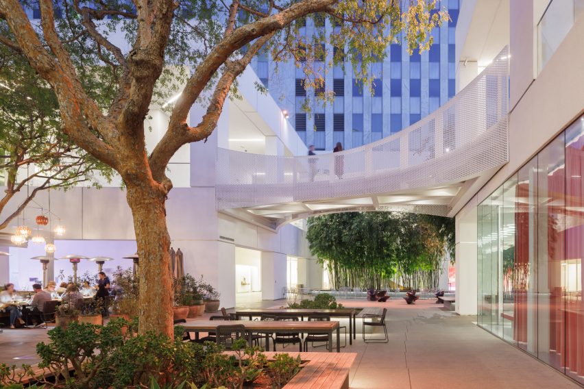 Courtyard at the Hammer Museum with a tree, outdoor seating and white buildings connected by a bridge