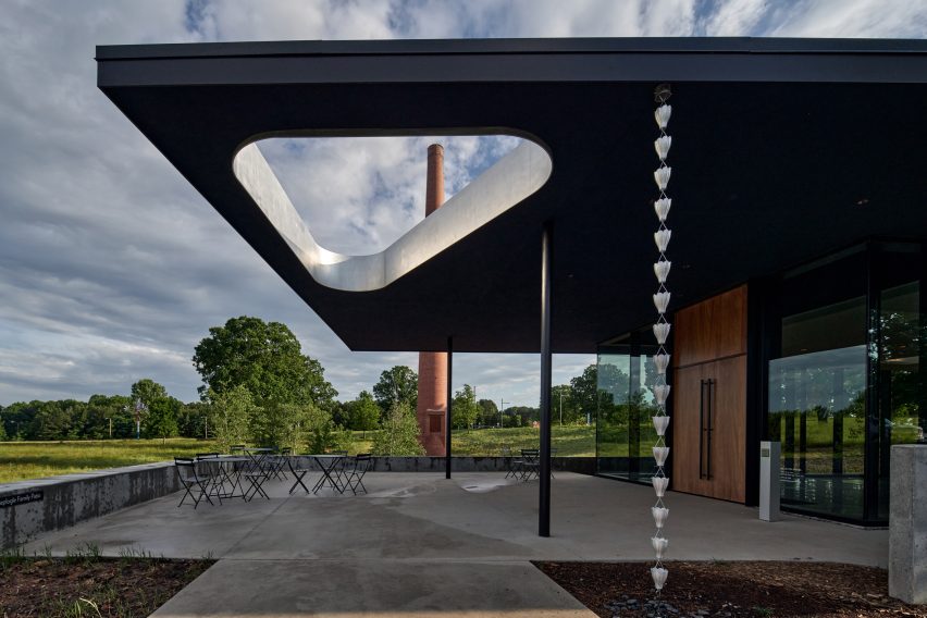 Aluminium hoop opening in roof of visitor centre by In Situ Studio