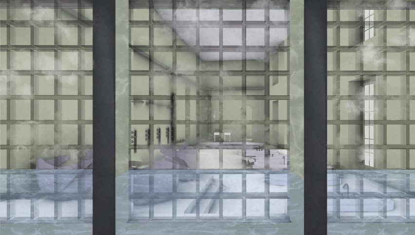 Rendering of a view through a gridded window onto a lounge area