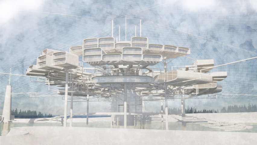 Rendering of a futuristic building with clouds around it